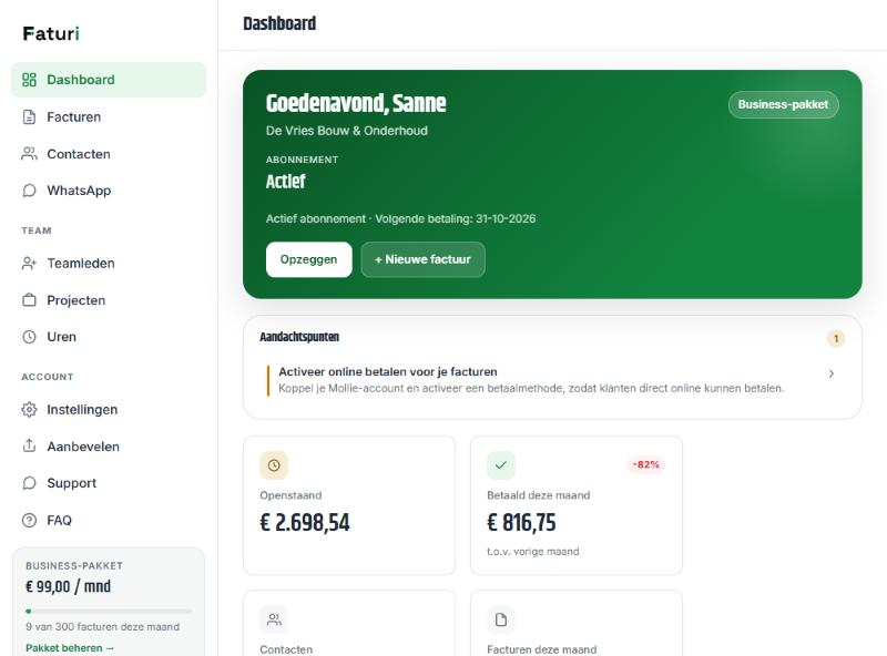 Je dashboard met facturen en het Faturi-nummer
