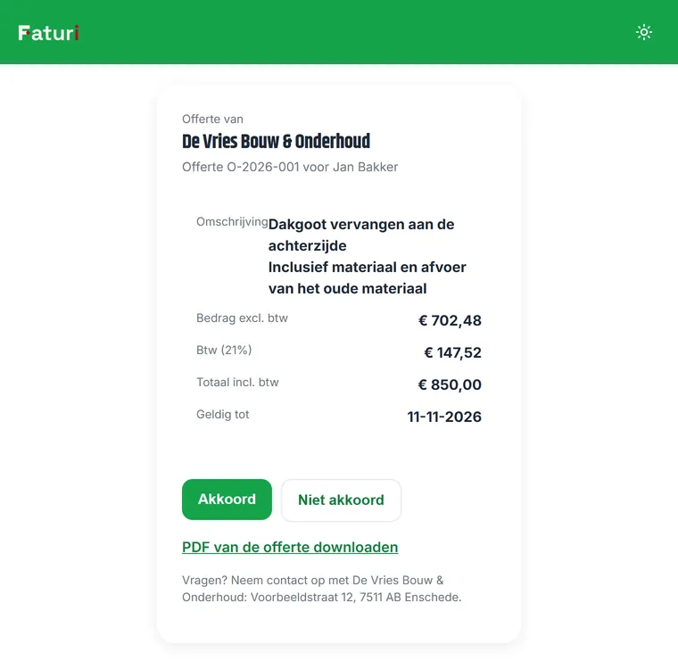 De pagina waar een klant akkoord geeft op een offerte