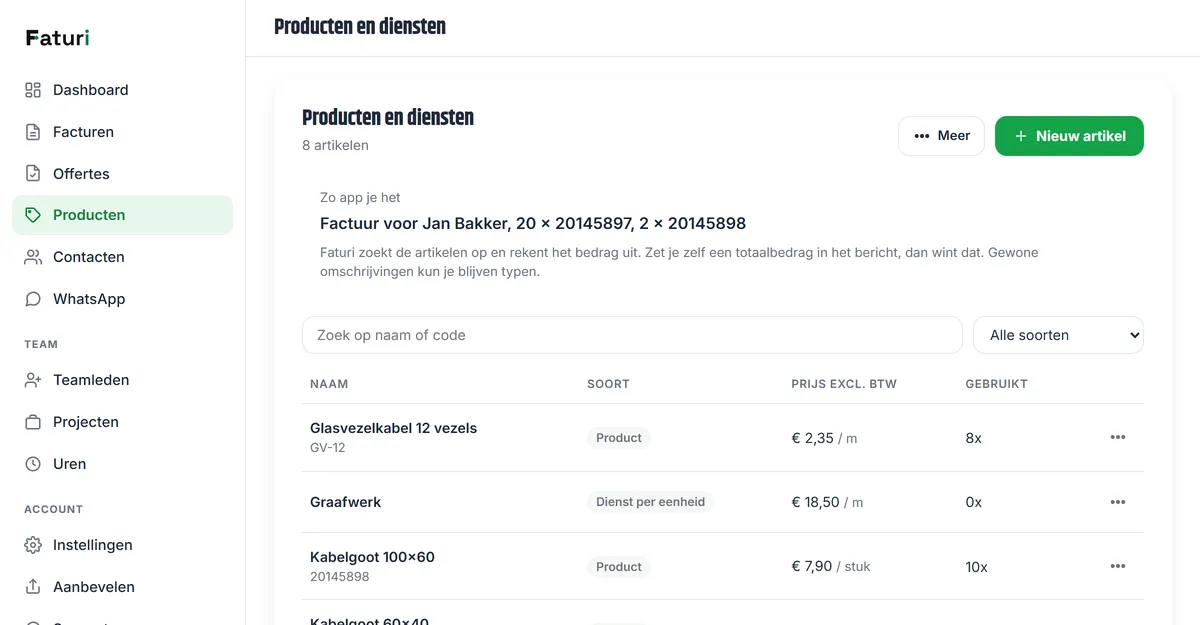 De prijslijst met producten en diensten