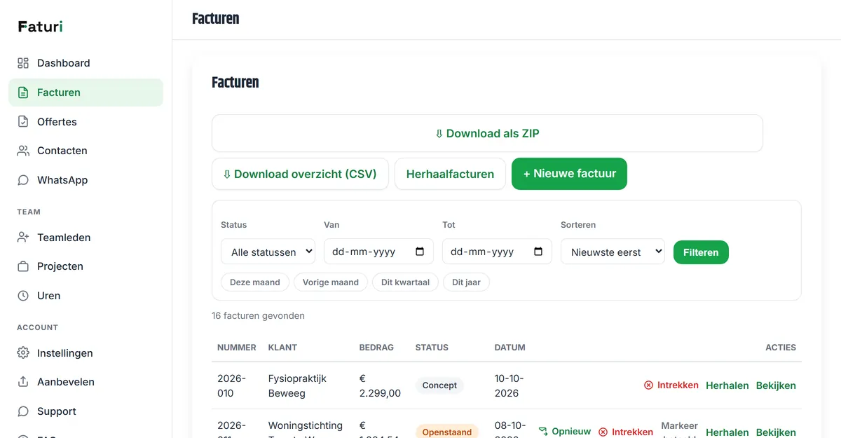De facturenlijst met statussen, filters en export
