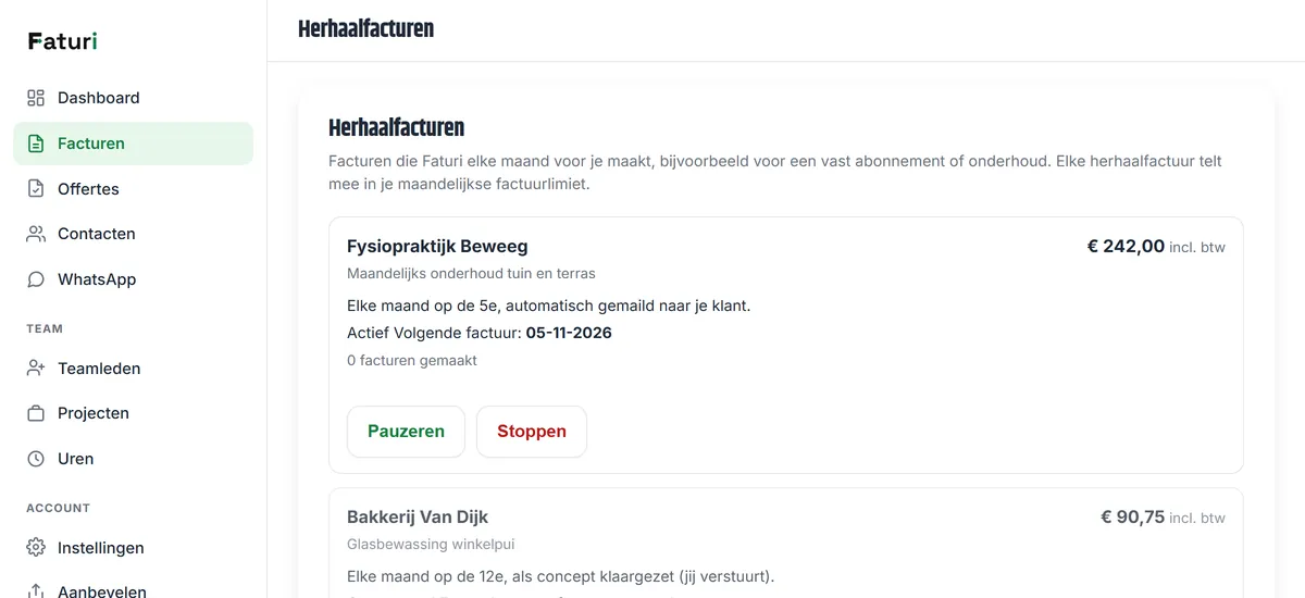 Het overzicht van maandelijks terugkerende facturen