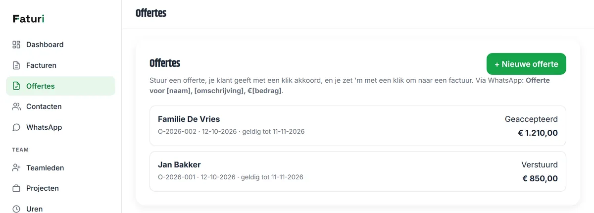 Het overzicht van offertes met hun status